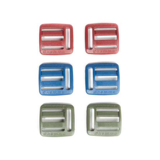 Shamma Elite Color Buckles in red, blue and green, a left and right buckle of each